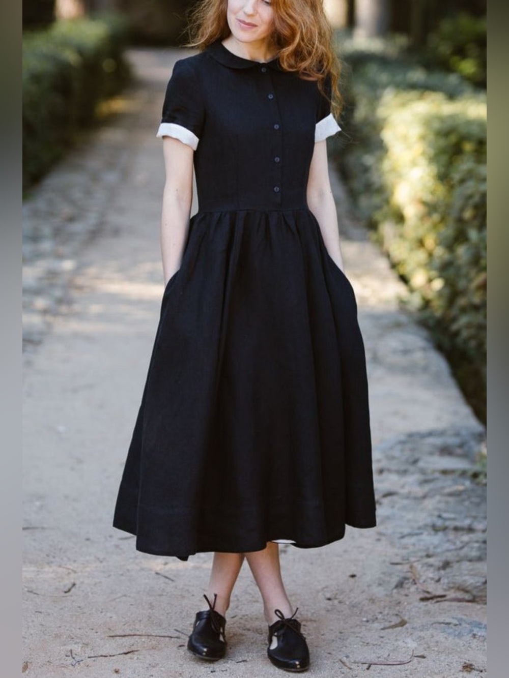 NEW Son De Flor Classic – Short Sleeve Peter Pan Collar Linen Dress Small